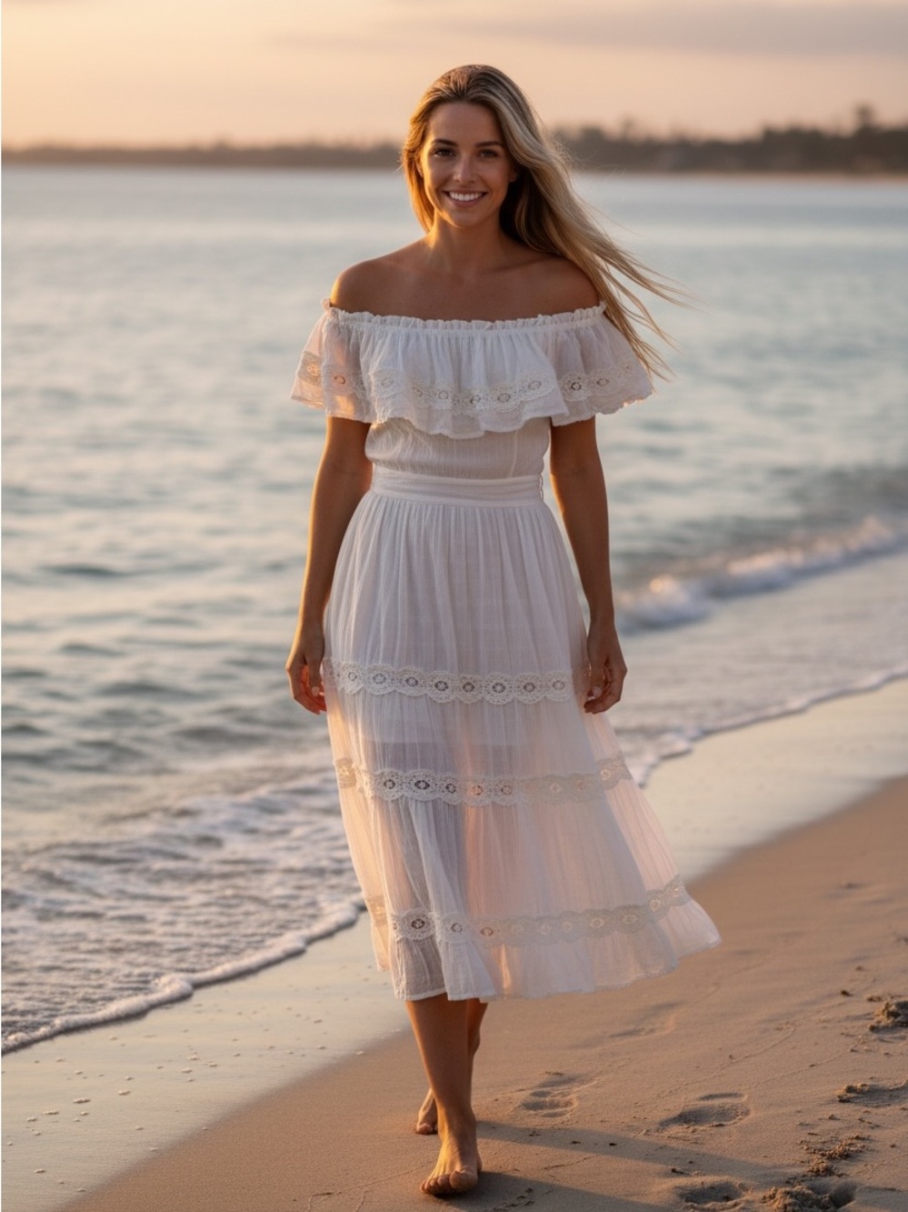 Off-Shoulder White Lace Tiered Midi Dress